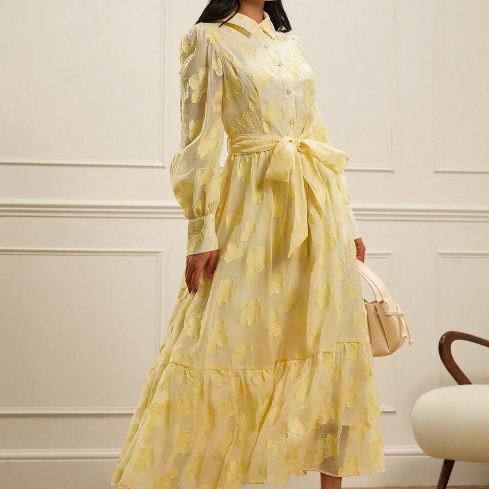 Pale Yellow Casual Womens Jacquard Chiffon Shirt Dress with Collar and Bow Waist - Picture 3 of 7